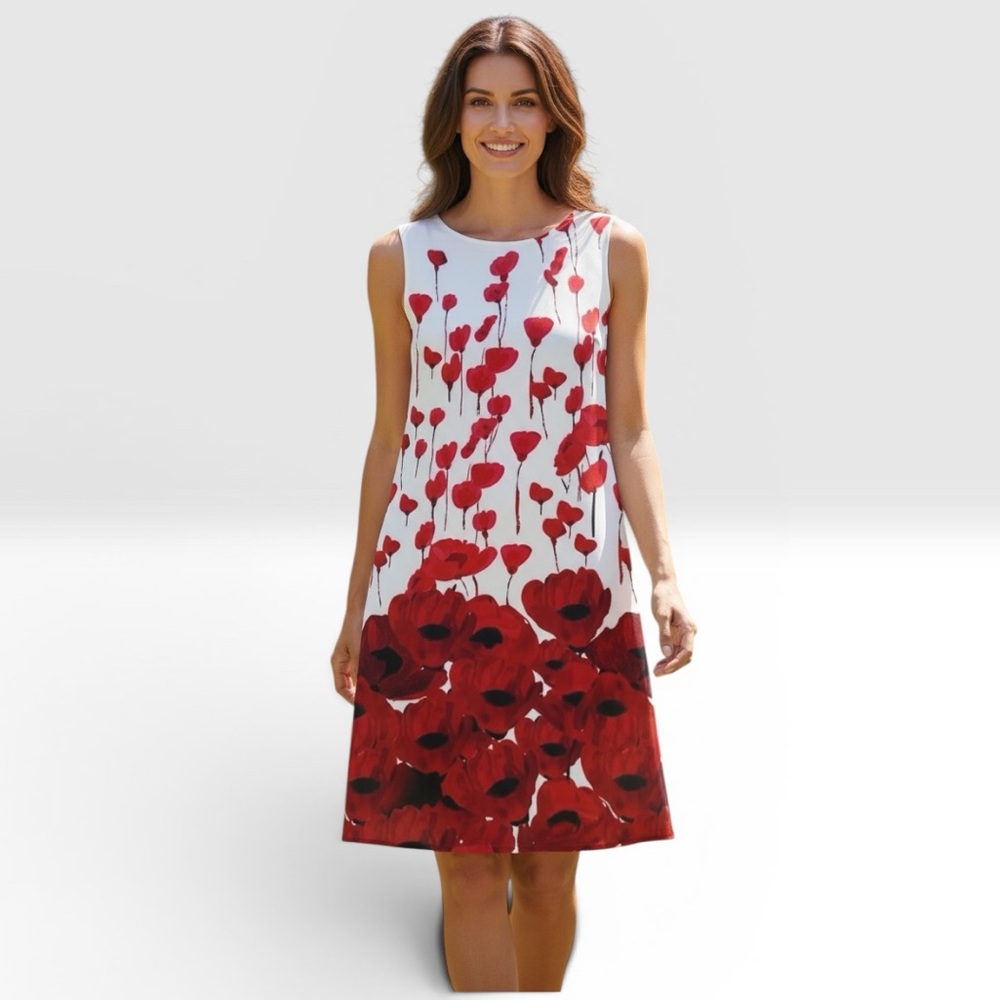 Isle by Melis Kozan Women’s Large Shift White Dress Scuba Red Poppy Art Size XS
